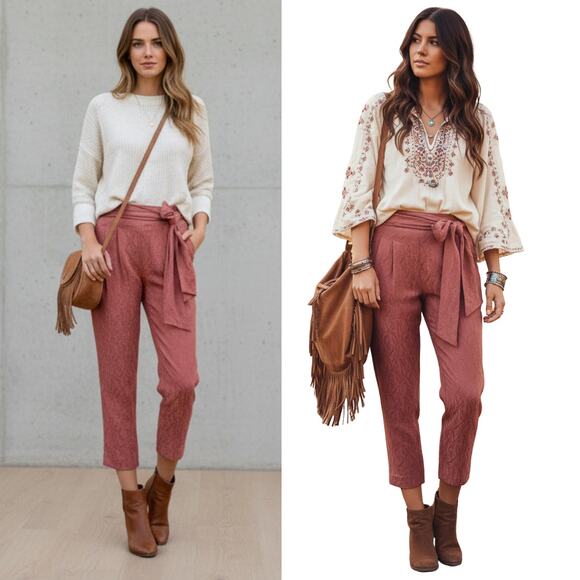 NEW Anthropologie ETT:TWA Rose Jacquard Aubade Tie Waist Pants Tapered Cropped 8 - Picture 1 of 11